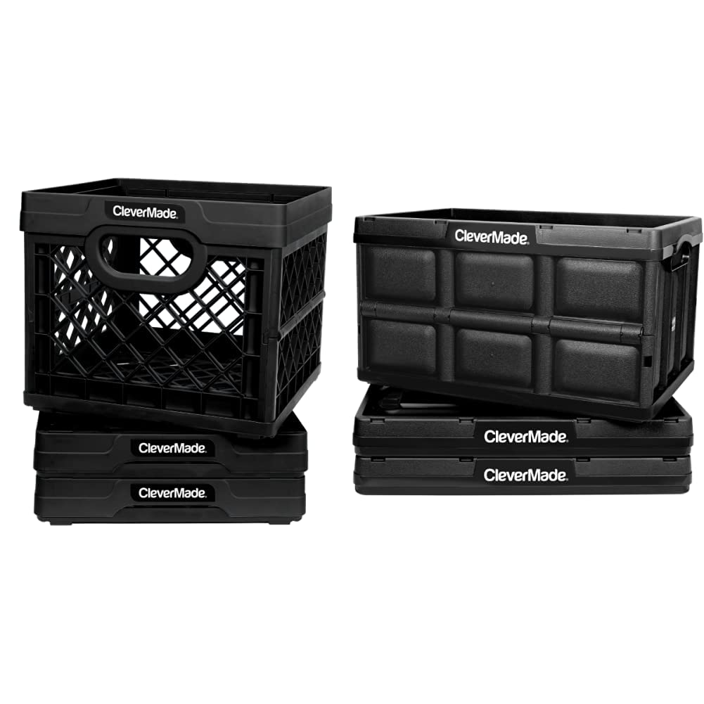 CleverMade Collapsible Milk Crates, 25L, Pack of 3, Black & 32L