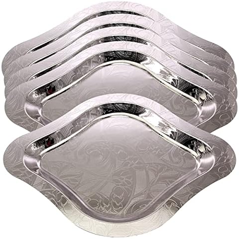 Maro Megastore (Pack of 5) 17.1 inch x 13.6 inch Star Shape Antique Decorative Style Mirrored Chrome Plated Silver Serving Tray Floral Engraved Edge Buffet Party Dessert Decor Platter Plate CC-1583 Cover