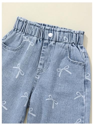 WDIRARA Girl's Cute Bow Pattern Jeans Elastic Waist Wide Leg Denim Pants4