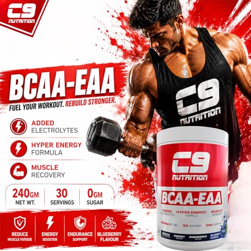 Image of C9 Nutrition BCAA + EAA Powder for Men & Women | 5000mg BCAA + 9000mg EAA | Amino Acid Supplement for Muscle Recovery & Endurance | Sugar Free | Blueberry Flavour | 30 Servings