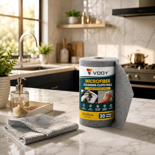 Image of VOOY Microfiber Cleaning Cloth Roll | 20 Reusable Tear-Off Sheets (25 x 25 cm) | Ultra Absorbent, Lint-Free, Scratch-Free Multipurpose Cleaning Cloth | Kitchen, Glass, Car, Mirror&Home Cleaning | Grey