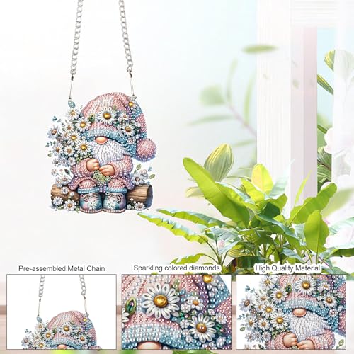 Image of DIY 5D Diamond Painting Hanging Ornament Gnome with Daisy Flowers, Floral Crystal Rhinestone Diamond Art Pendant for Home, Wall, Window, Garden, and Gift