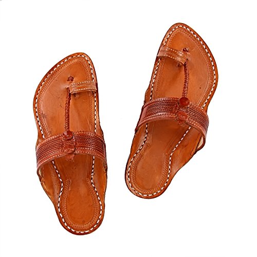 KORAKARI - Men Kolhapuri Chappal with Very Fine Braids on Upper, Single Central Lace, Kapshi Shape (US 10) Tan
