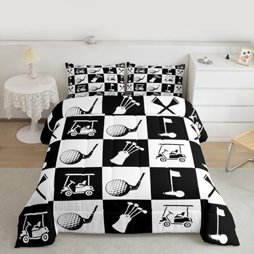 Image of Feelyou Golf Comforter Set Toddler Size Black White Plaid Buffalo Check Geometric Bedding Set for Kids Boys Girls Sports Theme Duvet Quilt Bedroom Decor Microfiber 2 Pcs with 1 Pillow Cases