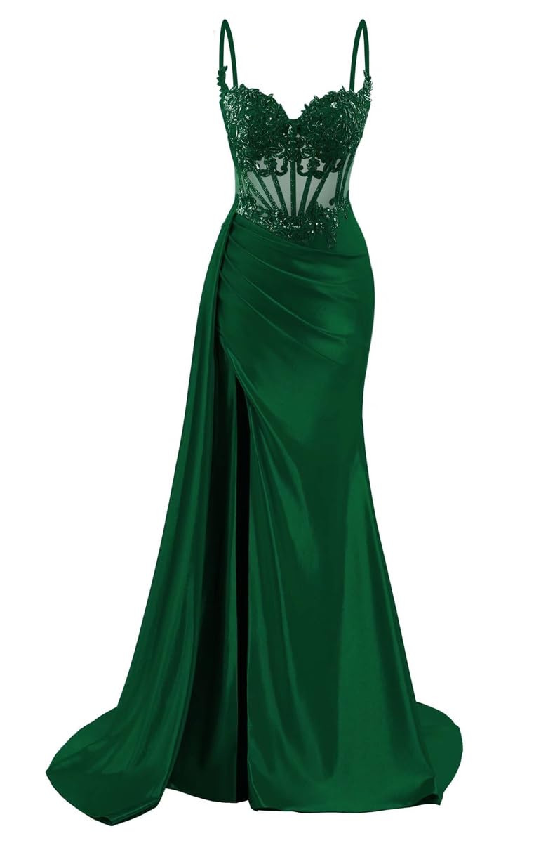 Sayno Women's Emerald Green Satin Bridesmaid Dresses For Wedding With Slit Mermaid Prom Gowns Cocktail Dresses Plus Size Hlsa239 Uk12
