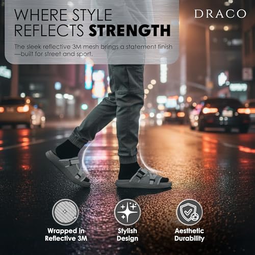 Image of Draco DracoSlides Reflective Slides for Men and Women, Wrapped in Reflective 3M with Adjustable Straps for Wide /Narrow Feet, Sandals with Arch Support & Slip Resistant, Men & Women Footwear, Black