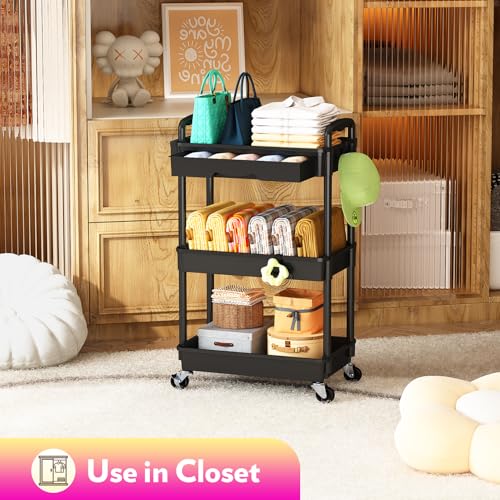 Image of SUNALLY Makeup Cart Organizer with Drawer,3 Tier Rolling Makeup Cart, Black