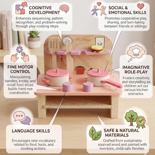 Image of Cute & Stylish Real Wooden Pretend Play Kitchen Set for Kids with Cooking Accessories Montessori Educational Toy Kitchen Playset for Boys Girls and Toddlers (Set-B)