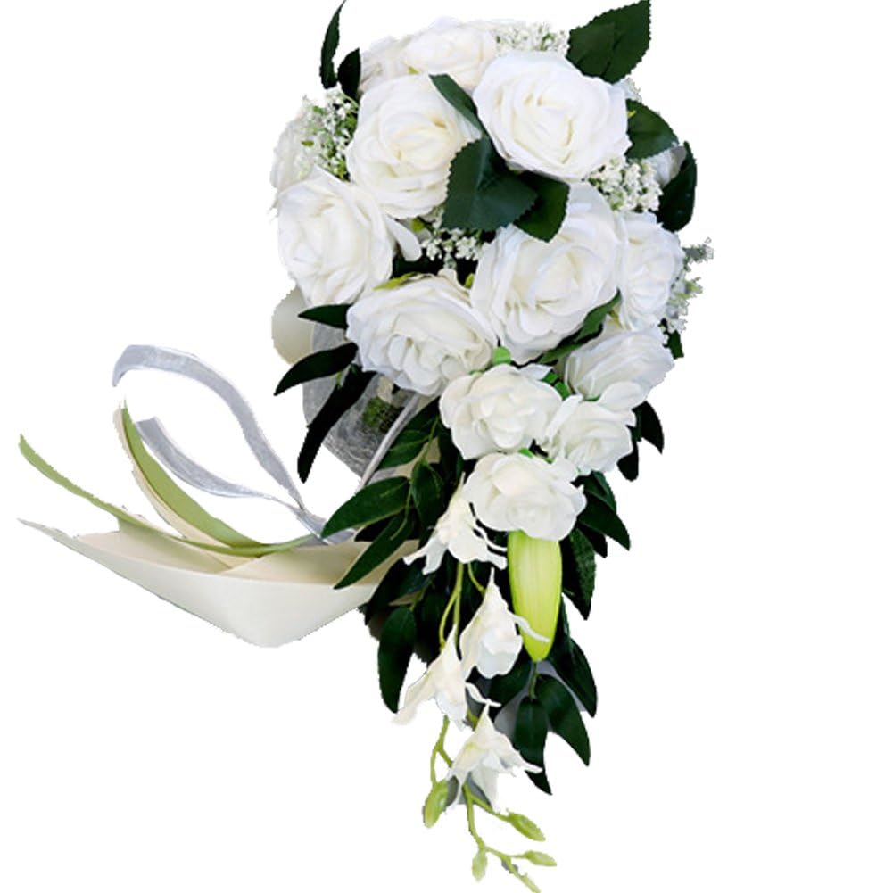 Fituenly Wedding Bouquets for Bride, White Red Rose Artificial Toss Bouquet Wedding Outdoor Rustic Waterfall Cascading Bridal Bouquets for Wedding Ceremony and Anniversary
