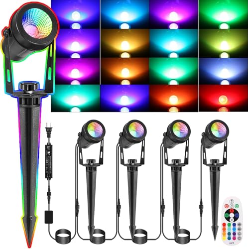Image of GreenClick 15M Garden Spot Lights Mains Powered, RGB Color Changing Garden Spike Lights,IP65 Waterproof Outdoor Uplighter,12V Timer Memory Remote for Wall Yard Landscape Christmas,Holiday(4Pack 12W)