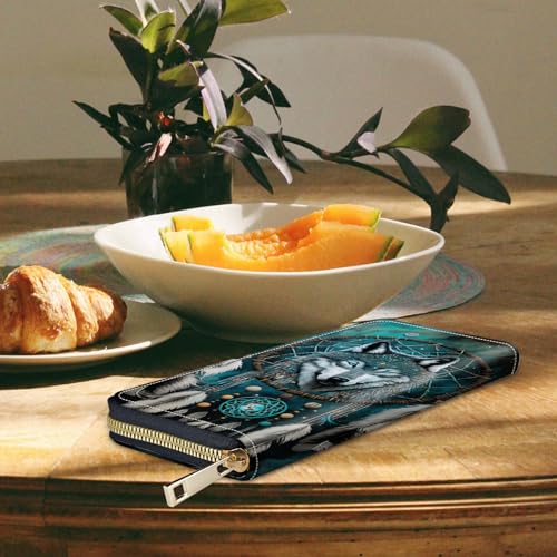 Image of Women's Wallets,Credit Card Holder Money Leather Long Wallet with Wristlet,Large Capacity with Zip-Around Phone Purse for Women Ladies Girls,Dream Catcher Wolf