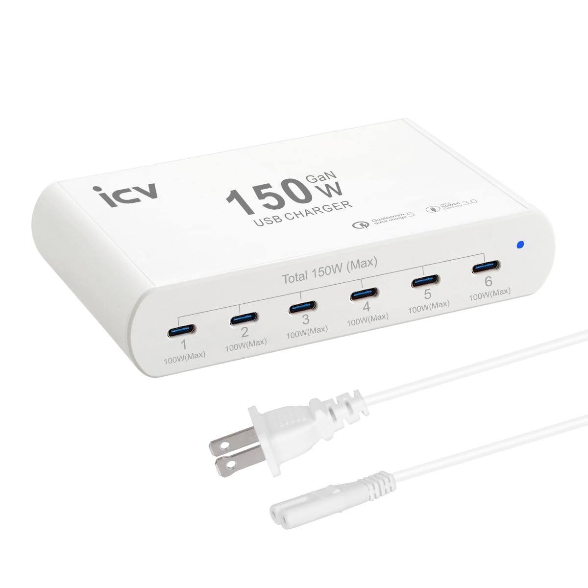 icv Stazione di ricarica rapida USB C da 150 W PD per più dispositivi, 6 porte GaN 100 W tipo C, stazione di ricarica rapida USB multiporta per MacBook, iPhone, Samsung, Galaxy, iPad, Android, bianco