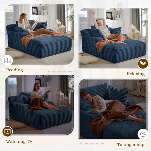Oversized Chaise Lounge Chair Indoor,50" W Upholstered Corduroy Sofa with 3 Pillows,Comfy Fluffy Cloud Couch,Modern Deep Seat Sofa,Single Sleeper Sofa Chair for Livingroom,Bedroom,No Assembly(Blue)