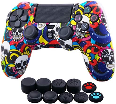YoRHa Water Transfer Printing Camouflage Silicone Cover Skin Case for Sony PS4/slim/Pro Dualshock 4 Controller x 1(Madeup Skulls) with Thumb Grips x 10