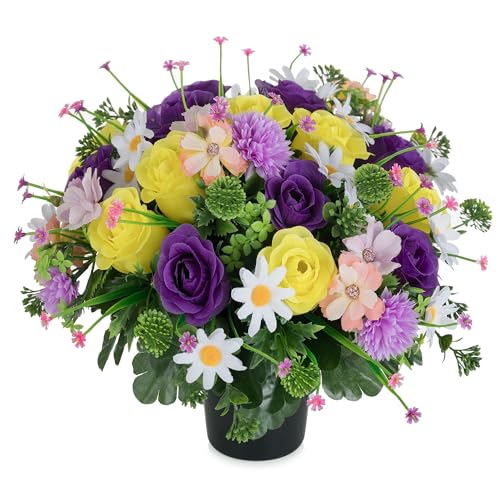 Memobloom Cimetiere Fleurs Artificielles en Pot: Violet Jaune Rose Artificielle avec Vase pour Cimetière Tombe Deco - Fleur Artificiel pour Exterieur Tombale...