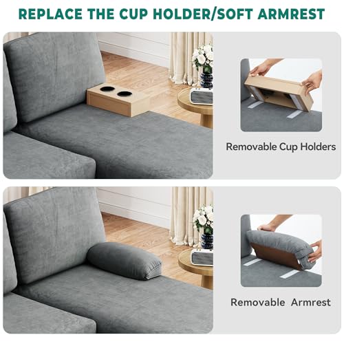 DWVO 109'' U-Shape Sectional Sofa, 4-Seater Sofa with Double Chaise, Storage Armrests & Cup Holder, Thick Cushions, Durable Wood Frame for Living Room, Apartment, Office, Light Gray