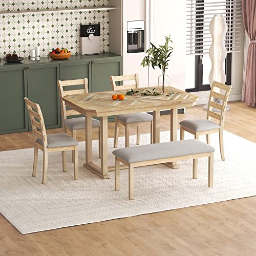 Dining-Table-Set-for-6-Rectangular-Dining-Table-with-Upholstered-Chairs-and-Bench-6-Piece-Table-Set-for-Dining-Room-and-Kitchen-Retro-Dining-Room-Table-Set-with-Bench-4-Chairs-Natural-Wood-Wash Dining Table Set for 6 Rectangular Dining Table with Upholstered Chairs and Bench 6 Piece Table Set for Dining Room and Kitchen Retro Dining Room Table Set with Bench 4 Chairs Natural Wood Wash