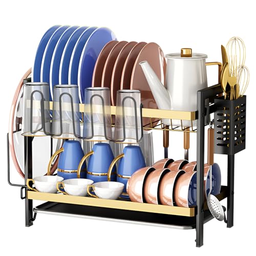 Escurridor de Trastes, Escurridor de Platos Acero Inoxidable, Escurridores para Trasteros 2 Niveles, Escurreplatos con Bandeja de Drenaje, Soporte para Utensilios y Tabla de Cortar...