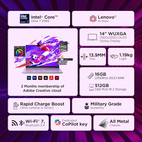 Image of Lenovo Yoga Slim 7 Aura Edition Intel Evo Core Ultra 7 256V (16GB RAM /512GB SSD /14 (35.5cm) /WUXGA OLED /Copilot+ PC /Windows 11 /MSO 365 Basic+Office 2024 /1Yr ADP /Seashell /1.19Kg), 83JX00EXIN AI Laptop