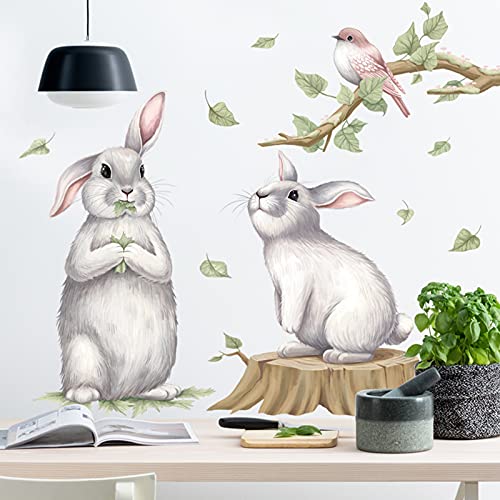 Noa 2 Cute Rabbit Wall Stickers With Bird On The Branches Decals, Removable Cartoon Animal Bunny 3D Vinyl Wallpaper Decor, Diy Art Mural For Nursery Baby Bedroom Living Room #TOP3
