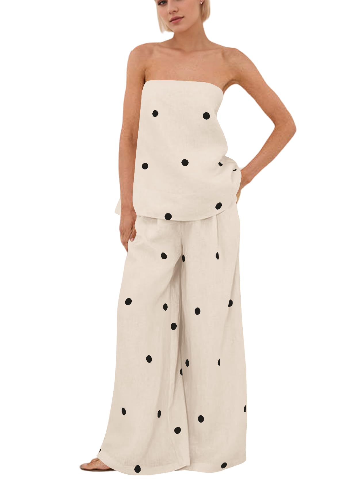 Women Polka Dot 2 Piece Outfits Spot Strapless Tube Top High Waist Wide Leg Pants Casual Lounge Set