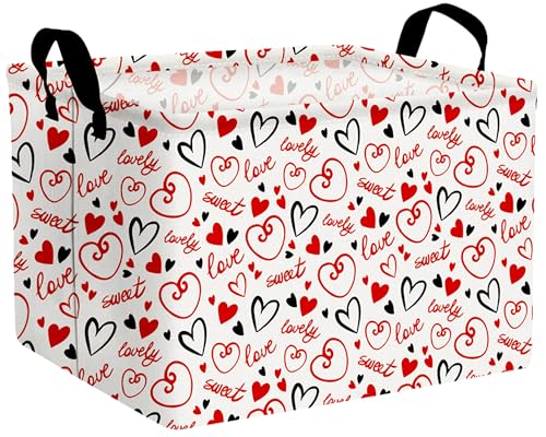 Image of Large Valentine's Day Basket Heart Shaped Storage Bin for Gifts Collapsible Organizer Room Decor (Black Red Empty Lines Love)