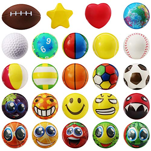 LovesTown Stress Relief Balls, 24 Pcs Assorted Stress Balls PU Squeeze Balls Relief Party Favor Squeezy Balls for Hand Wrist Finger Exercise Therapy Squeeze