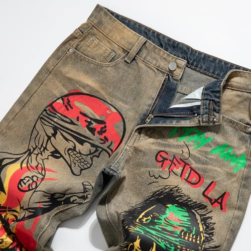 Men's Designer Skull Print Denim Jeans, Straight Leg, Distressed Ripped Style, Artistic Graffiti Pattern3
