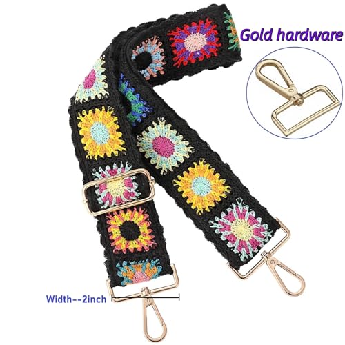 Image of Wide Purse straps Crochet Flower replacement crossbody for Handbag Adjustable Embroidery Knit Guitar Shoulder strap
