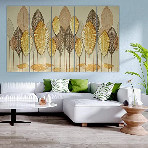 Image of Maxstone Beautiful Golden Leaf Flower Leaves Wall Painting For Home,LivingRoom,Bedroom,Office,Kidsroom, Wall Decorative Painting Multiple Frames Set of -5 Big Size (30x60 inch) M1253
