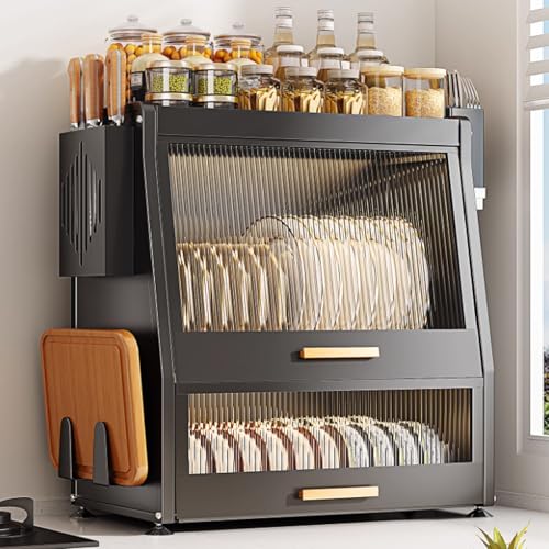 Scolapiatti da dispensa a 3 Ripiani con Coperchio,Organizer da Piano Cucina Resistente antiruggine,Multifunzionale Scolapiatti salvaspazio,per Piatti, Bicchieri, Ciotole(Black)