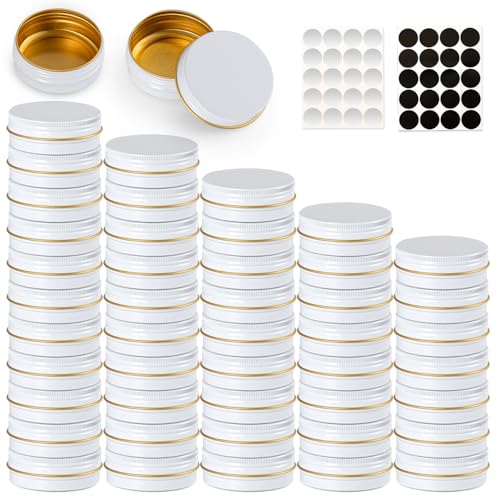 LIYAR 1 oz Tins with Lids 48 Pack Leak-Resistant Lip Balm Tins Durable Aluminum Tin with Lids Portable Metal Tin Container for Balms Spices Crafts Party Favors Travel Storage (White and Gold)