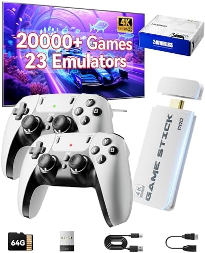 2026 Upgraded Retro Gaming Console, 20,000+ Retro Game Stick, 23 Emulators, 4K HD HDMI TV Game Stick, Built-in Classic Video Games, Plug & Play Game Console for TV 2 Wireless Controllers (Light Red)