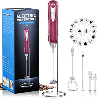 XIMU Milk Frother Handheld, USB Rechargeable 3 Speeds Mini Electric Milk Foam Maker Blender Mixer for Coffee, Latte, Cappuccino, Hot Chocolate, Egg Whisks & Stainless Steel Stand Included