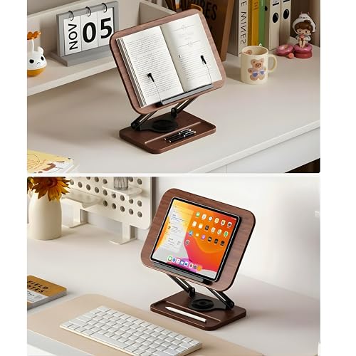 Image of Sunchhaya New Book Stand for Reading, Writing, Painting and Used As Laptop Stand for Desk, 360 Degree Rotatable with Wooden Plate At Bottom Adjustable Height-Angle (R51C)