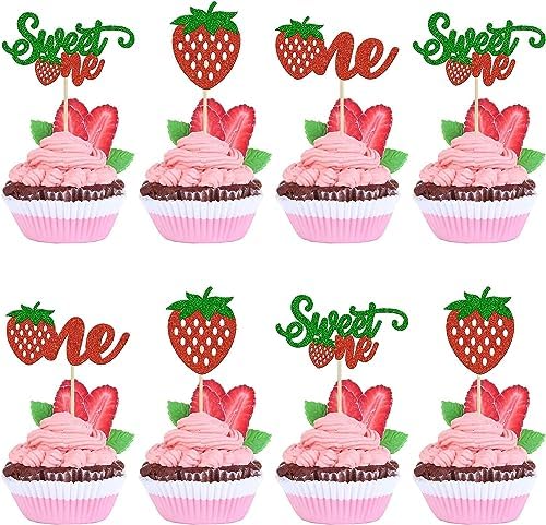 24Pcs Glitter Strawberry Cupcake Toppers Flower Fruits Theme Party Dessert Cupcake Picks for Summer Birthday Wedding Party Baby Shower Summer Garden Party Decoration Supplies by LILIPARTY