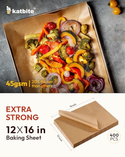 Image of Katbite 400PCS Unbleached Parchment Paper Sheets, 12 x 16 IN Pre-Cut Baking Parchment, Extra Strong, Heavy Duty Non-Stick Baking Paper for Half Sheet Cookie Bread Cake Pans, Grilling Meat Pizza,Oven