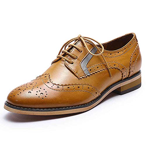 Mona flying Women's Leather Perforated Brogue Wingtip Derby Saddle Oxfords Shoes for Women ladis Girls Brown