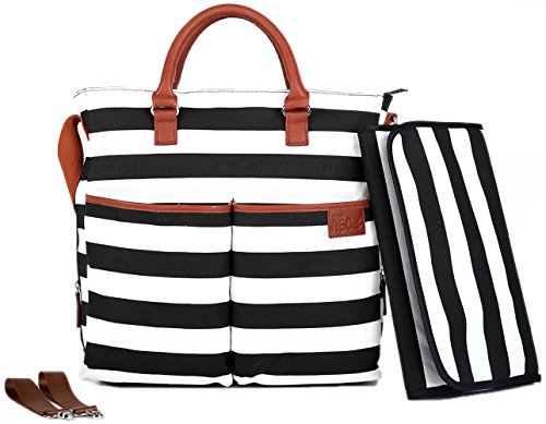 Image of Hip Cub Diaper Bag Baby Changing Pad - Black/White Stripe W/Cute Tan Trim