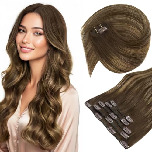 Sunny Hair Clip in Hair Extensions Real Human Hair Brown Balayage