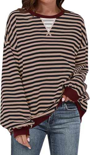 Image of UEU Women Oversized Striped Crewneck Sweatshirt Long Sleeve Color Block Pullover Tops Casual Loose Workout Shirt