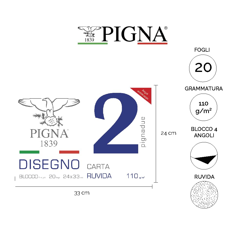 Pigna, Blocco da Disegno PignaDue con 4 angoli, Formato 24x33 cm., 20 Fogli da 110 g/m², Perfetto per Disegni e Schizzi, Carta Ruvida, confezione 1 pezzo