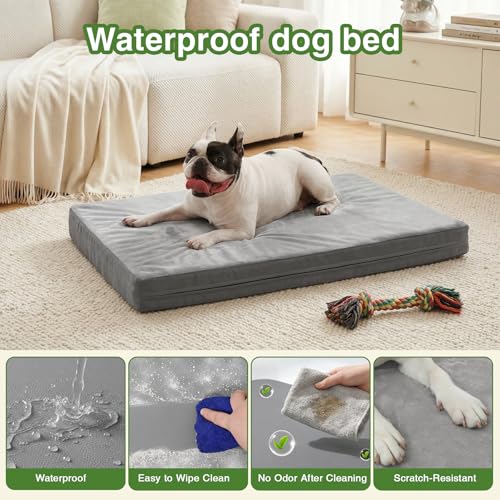 Image of Waterproof Small Dog Bed Crate Pad 24 inch, Washable Puppy Bed Orthopedic Gray | Outdoor Pet Bed Foam, Reversible Durable Faux Leather & Flannel, Removable Cover, Cat Mat, Anti-Slip Kennel Pad 23 inchx17 inch