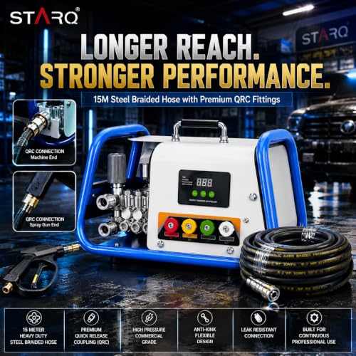 Image of STARQ STPMDC 3.6 Commercial High Pressure Washer 2700W 3.6HP PMDC Motor 230 Bar 15 LPM Digital Display 15m Steel Braided Hose with QRC 4 Nozzles for Car Bike Home Truck