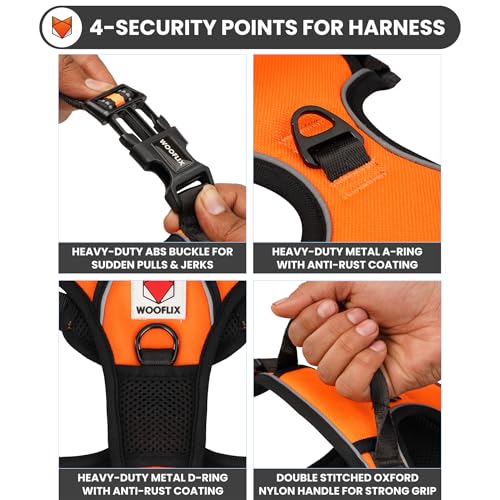 Image of Wooflix Heavy Duty Reflective Dog Harness for Big Sized Breed Dogs - No Pull, No Choke Harness for Dog with Adjustable Chest Belt with Soft Padded Handle | Orange - Size: XL (32kg to 42kg Dog)