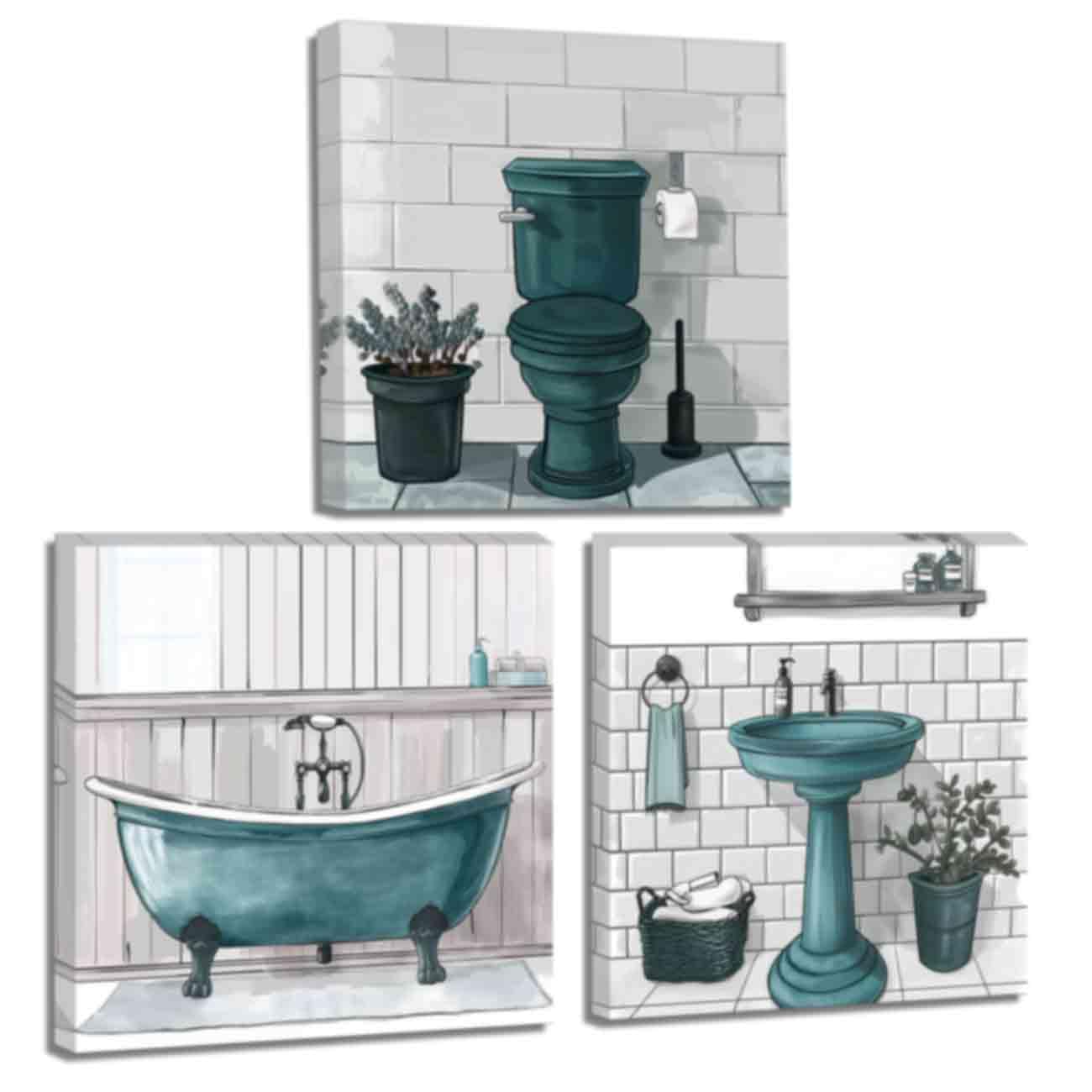 ZQQART Set di 3 stampe su tela per bagno, decorazione da parete per bagno, set di 3 cornici artistiche da parete (verde acqua, 30,5 x 30,5 x 30,5 x 3)