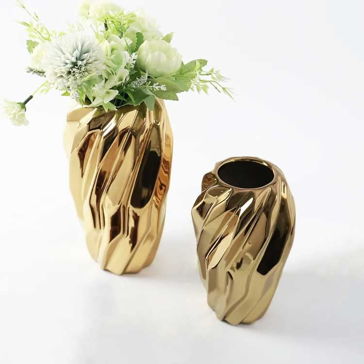 Modern Home Decor - Set of 2 Vortex Shape Gold Vase - Decorative Vase, Ceramic, Pot, Aesthetic, Modern, Luxurious, Design Studio, Home & Room Decor
