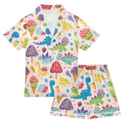 ALAZA Dinosaur Ice Cream Mushroom Satin Pajamas Set Short Sleeve Button Down Sleepwear Summer Pjs 2 Piece