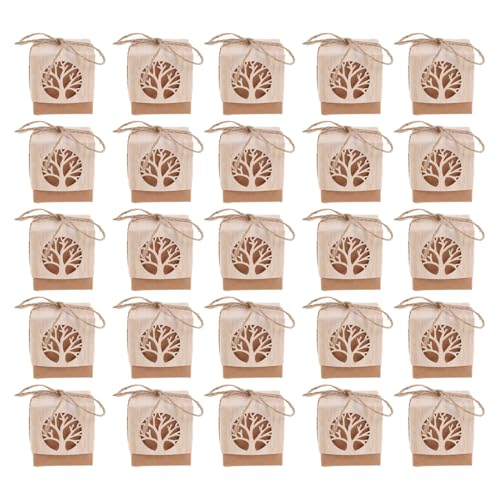 Operitacx Boîtes à Dragées en Papier Kraft Recyclé, Forme Arbre de Vie Ronde, 40 Pièces Corde...