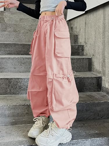 Image of Girls Cargo Pants Wide-Leg Straight Streetwear, 6-14 Years | Elastic Drawstring Vintage Baggy Pants Y2K School Casual